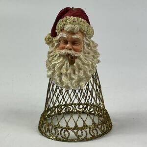 Vtg Santa Claus Bust Ornament Glitter Base Pipe Decoration 5″ Christmas Holiday